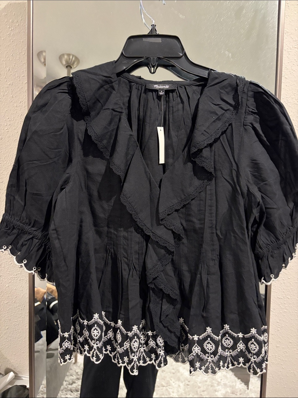 Madewell Black Ruffled V-Neck Blouse with White Embroidered Hem